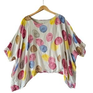 Made in‎ Italy Silk Blend Batwing Dolman Sleeve Circle Print Top Blouse OS